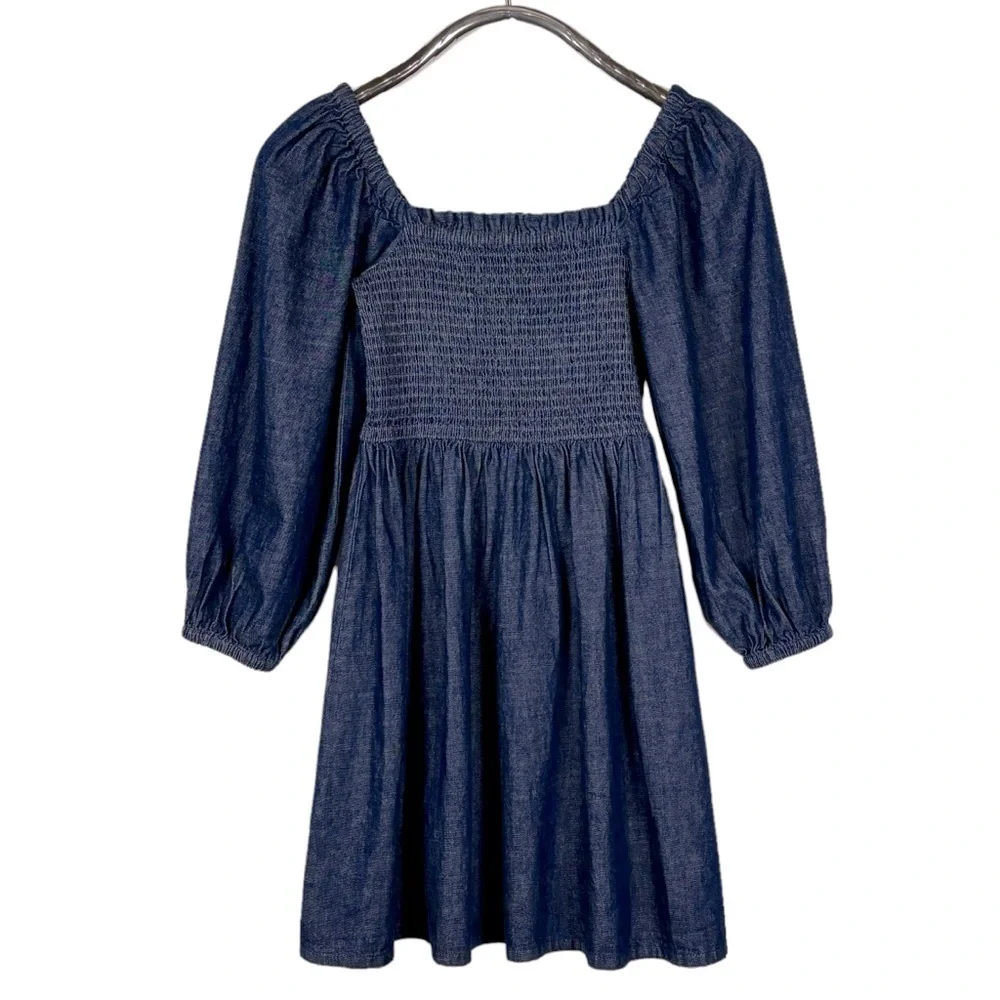 J. CREW BG118 COTTON CHAMBRAY DENIM BLUE SMOCKED PUFF SLEEVE MINI DRESS